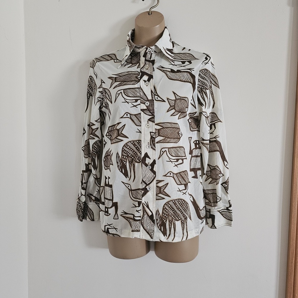 Vtg Prehistoric Animal Egyptian Hieroglyphs Print Blouse Womens S - Picture 8 of 8